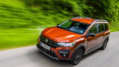 Ein orangener Dacia Jogger fährt auf einer Landstraße