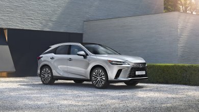 Ein silberner Lexus RX 2023 steht vor einem modernen Gebäude