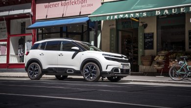Ein weißer Citroen C5 Aircross Hybrids steht auf einem Parkplatz in der Sadt