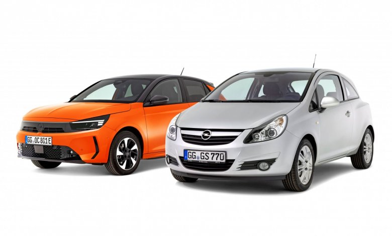 Opel Corsa D Jubiläum 20 Jahre: Corsa F (aktuell) und Corsa D (2006) im Vergleich – Außenaufnahme