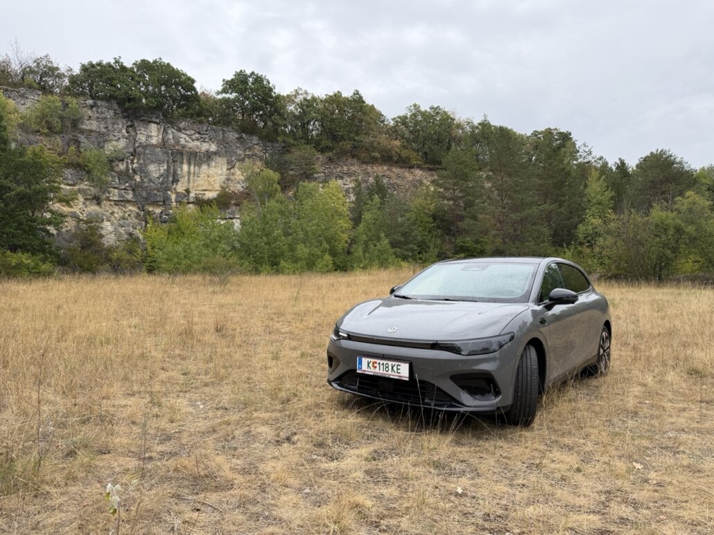 Ein graues Kompakt-SUV in Dreiviertelansicht vorne rechts auf einer trockenen Wiese vor einer Felswand mit Bäumen.
