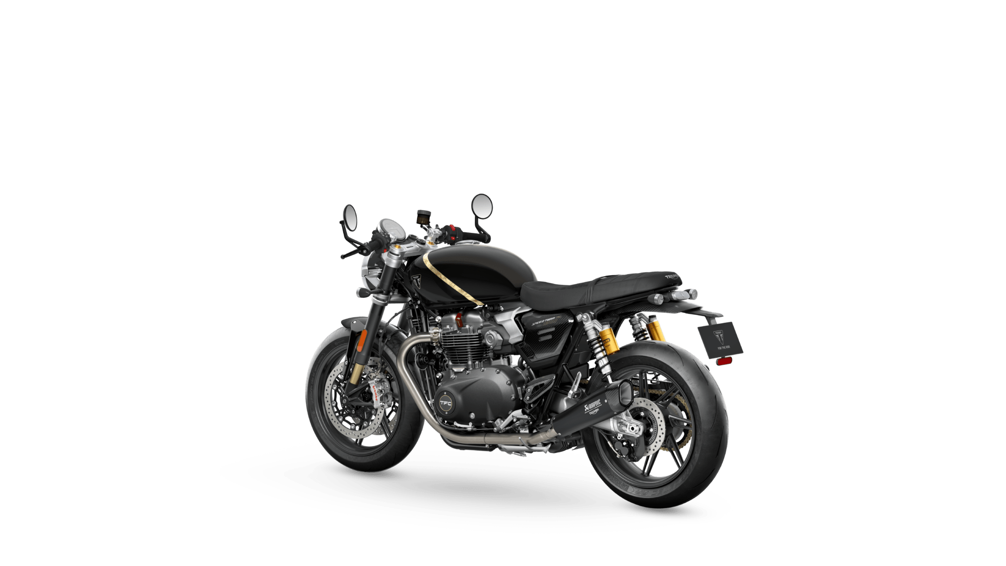 Triumph Speed Twin 1200 TFC von hinten mit Akrapovic-Auspuffanlage