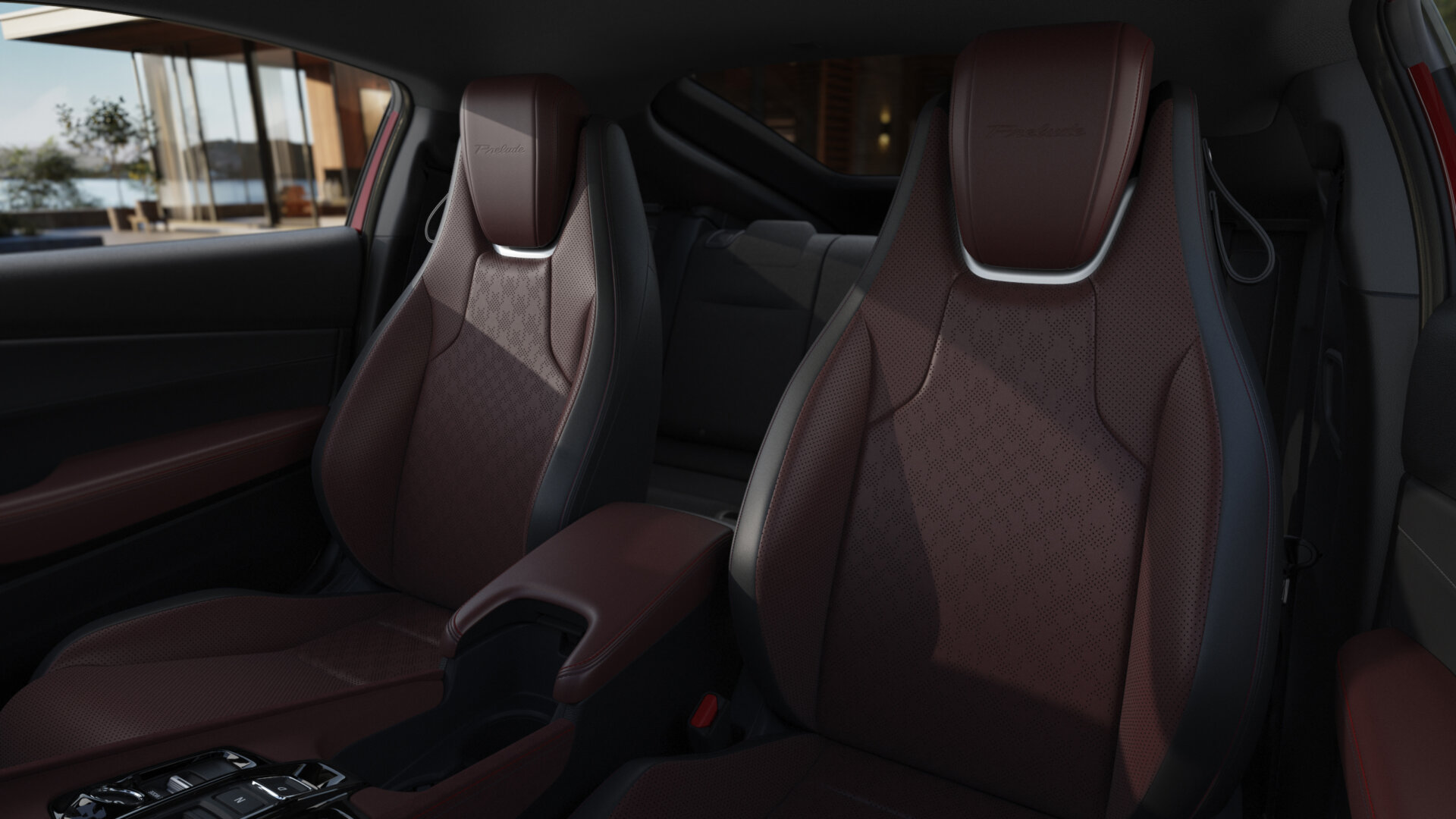 Bordeauxfarbene Vordersitze im Honda Prelude Limited Edition