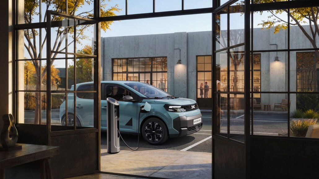 Ein hellblauer Kleinwagen in Dreiviertelansicht vorne rechts, angeschlossen an eine Ladesäule vor einer modernen Industrie-Architektur mit großen Fenstern, gesehen aus einem Innenraum durch geöffnete Flügeltüren.
