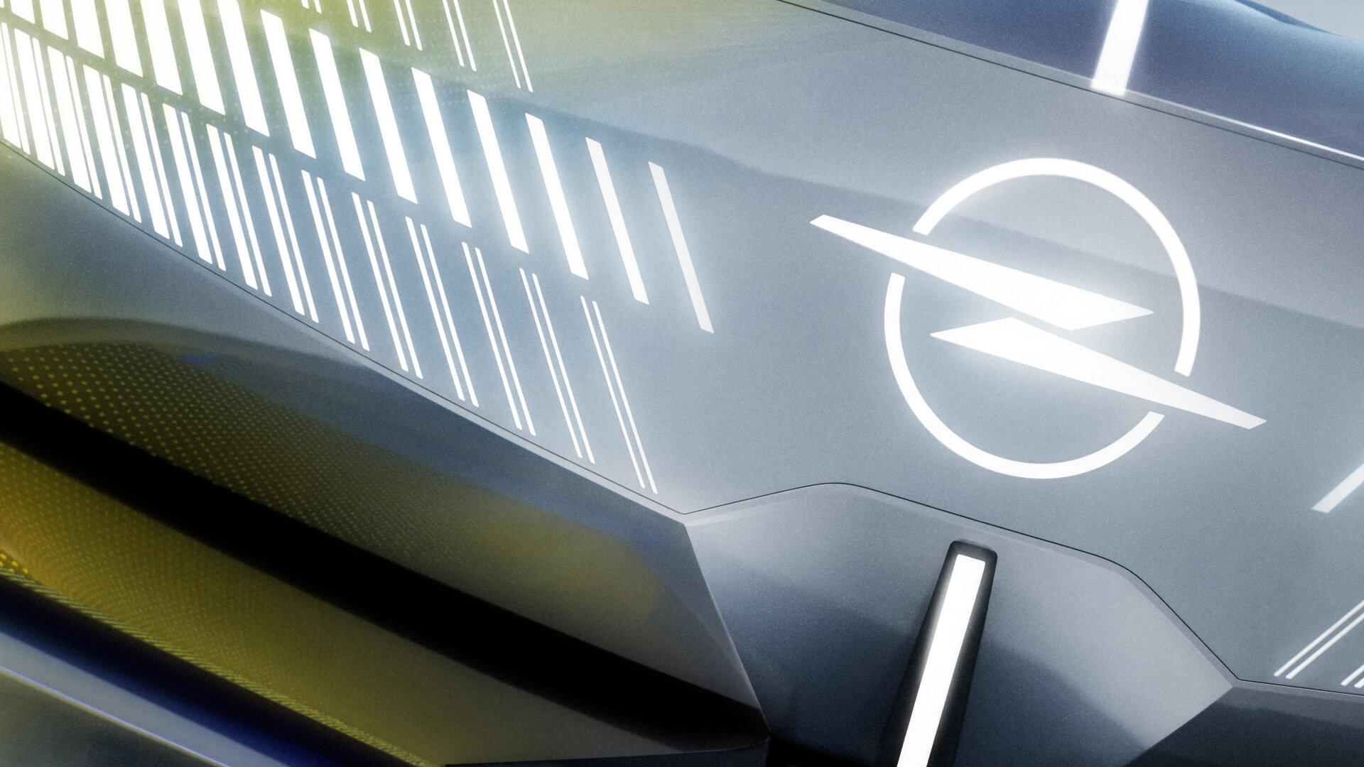 Opel STX Concept Detail der Lichtlamellen mit beleuchtetem Opel Blitz