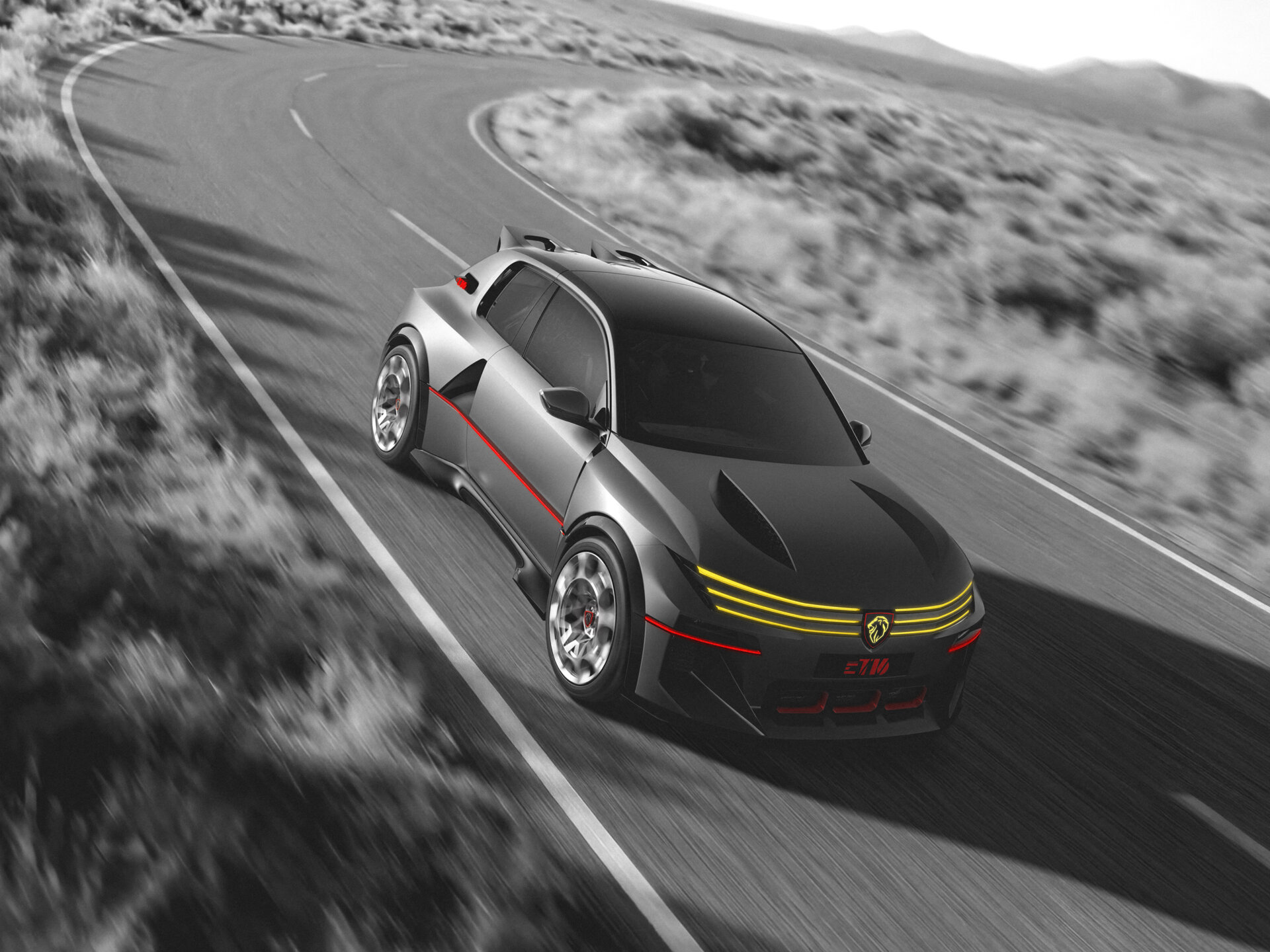 Peugeot E-T16 Concept von schräg vorne oben auf kurviger Straße
